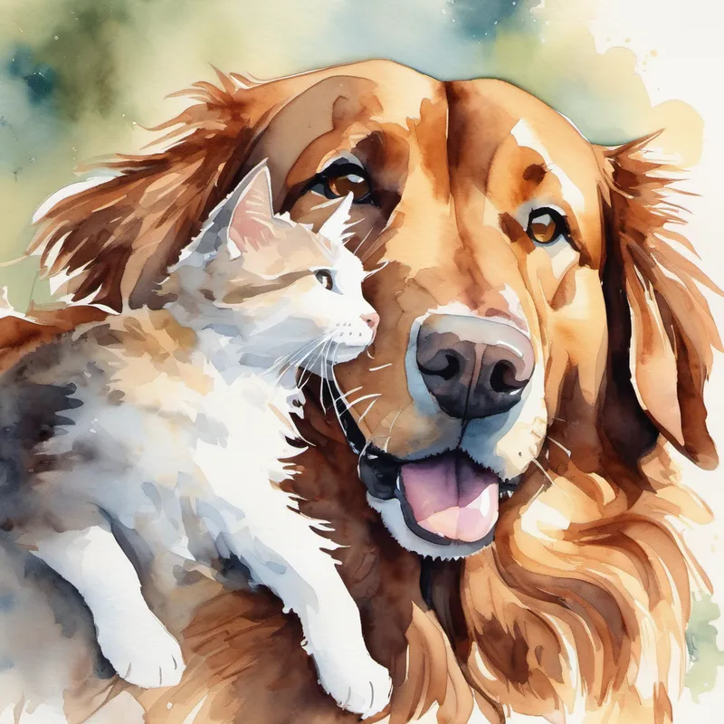 Big brown dog with a wagging tail and Fluffy white cat with a mischievous smile hugging and being friends