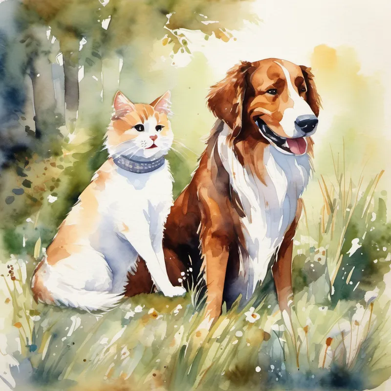 Big brown dog with a wagging tail and Fluffy white cat with a mischievous smile happily playing and being friends