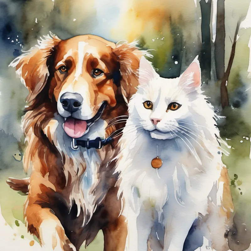 Big brown dog with a wagging tail and Fluffy white cat with a mischievous smile going on adventures as best friends