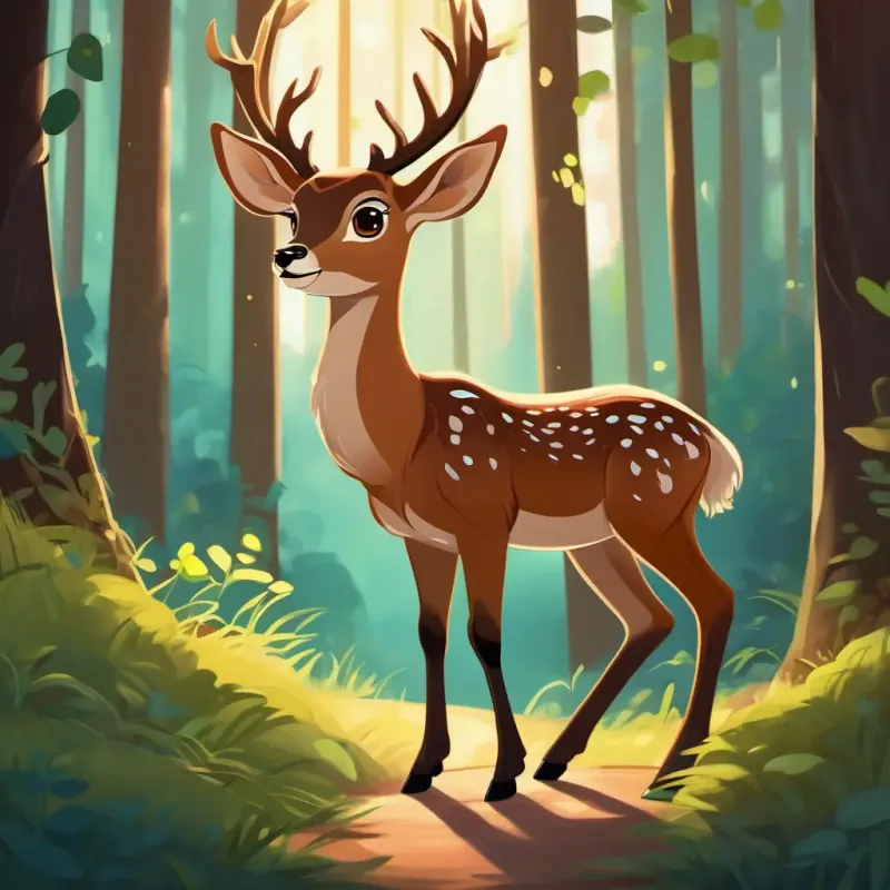 Introducing A young deer with big, gentle eyes and a soft, brown coat and her struggle with anxiety, set in a beautiful forest.