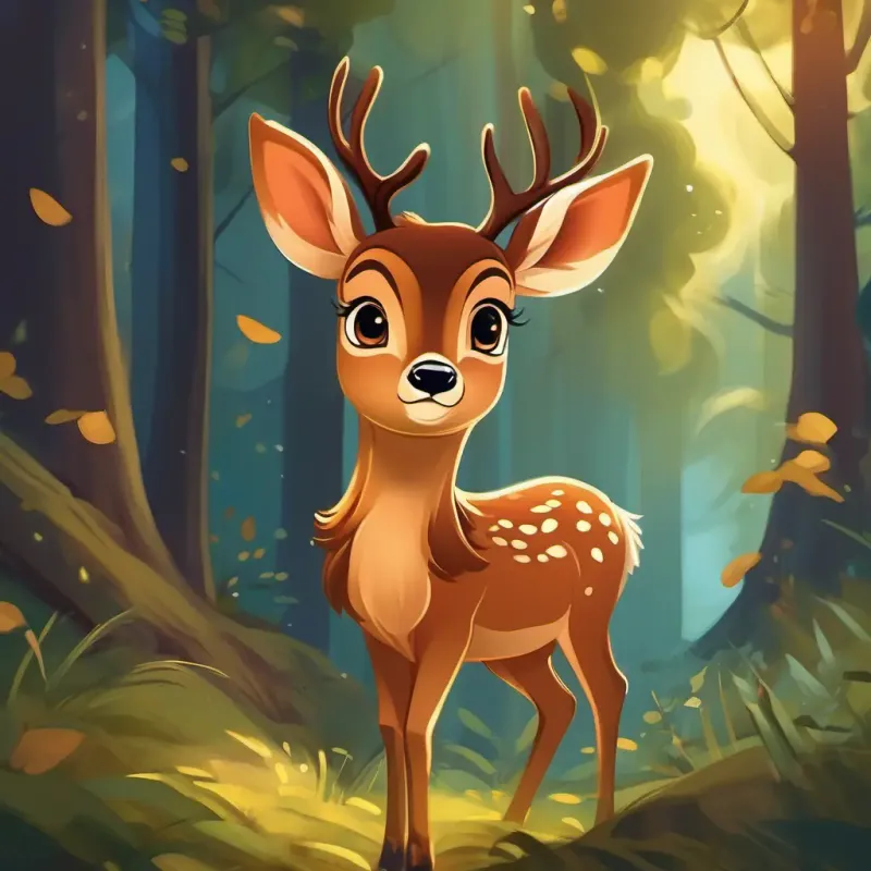 A young deer with big, gentle eyes and a soft, brown coat becomes a brave and inspiring figure in the forest, sharing her newfound courage with others.