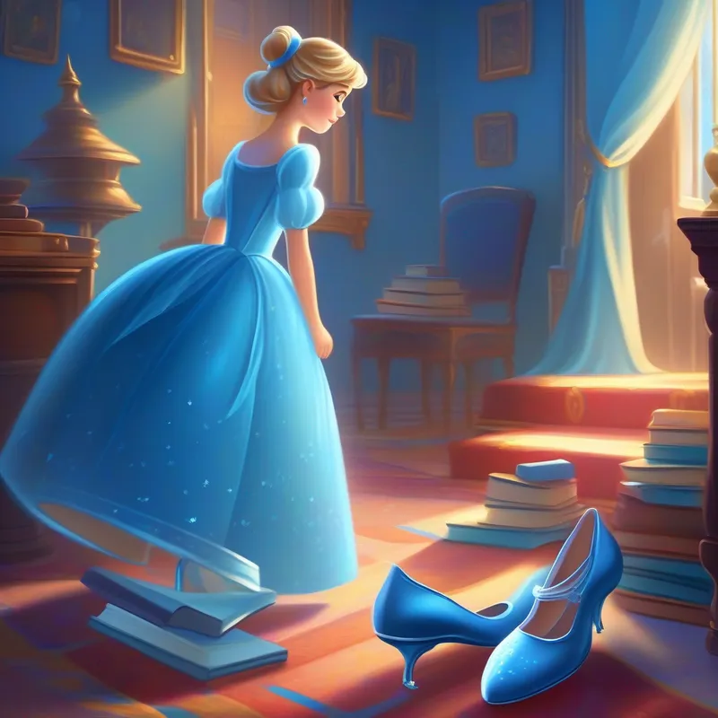 Cinderella, kind-hearted and brave, blue dress and glass slippers. reading books in her hidden room, blue and dusty.