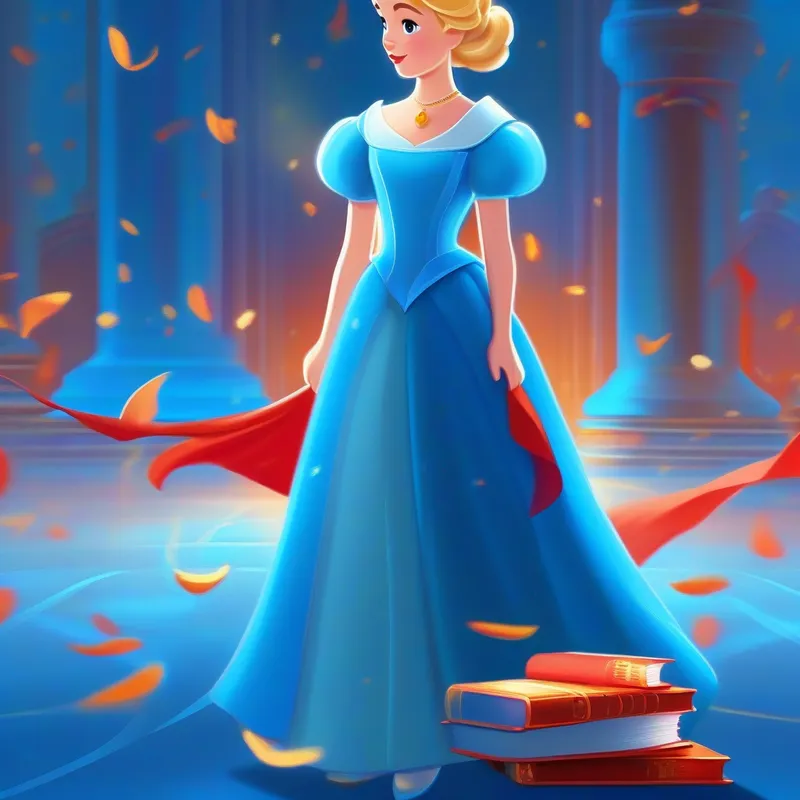 Cinderella, kind-hearted and brave, blue dress and glass slippers. standing tall, holding the book, red and determined.