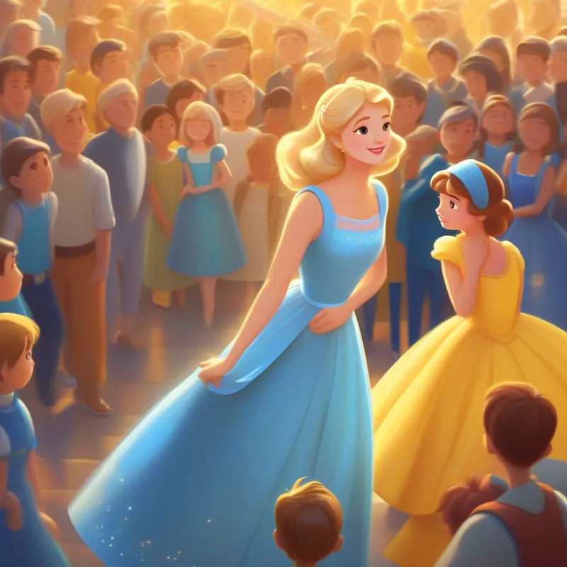 Cinderella, kind-hearted and brave, blue dress and glass slippers. speaking confidently, surrounded by a crowd, yellow and hopeful.