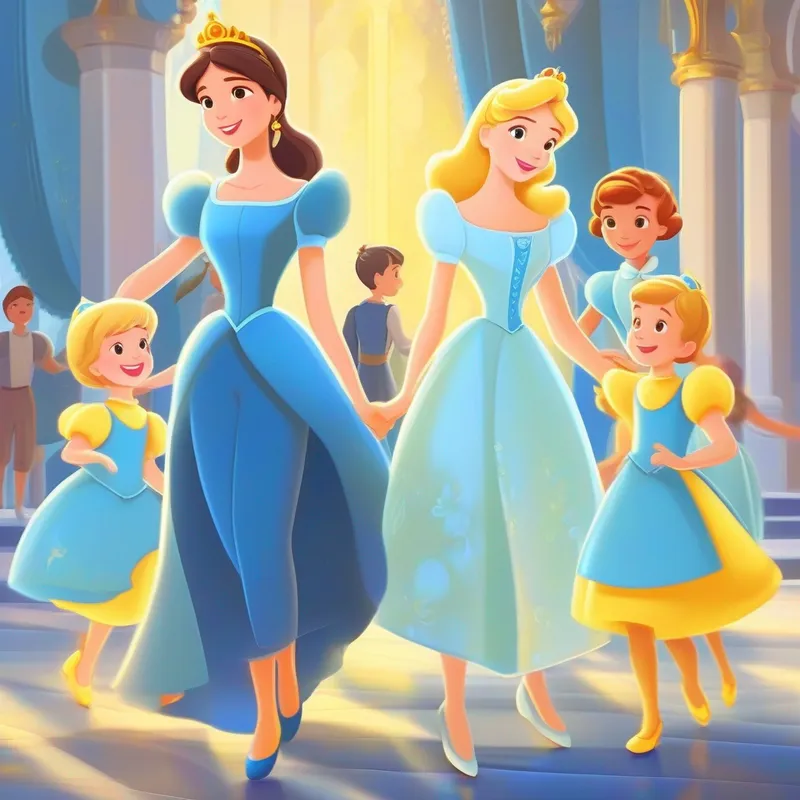 Cinderella, kind-hearted and brave, blue dress and glass slippers. with her stepmother and stepsisters, yellow and united.