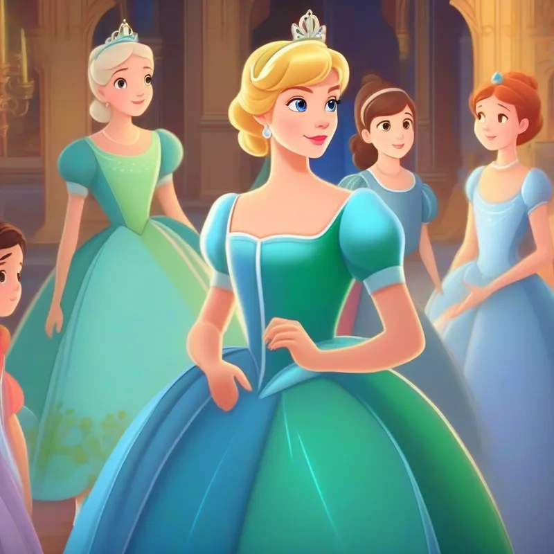 Cinderella, kind-hearted and brave, blue dress and glass slippers. with her stepmother and stepsisters listening, green and attentive.