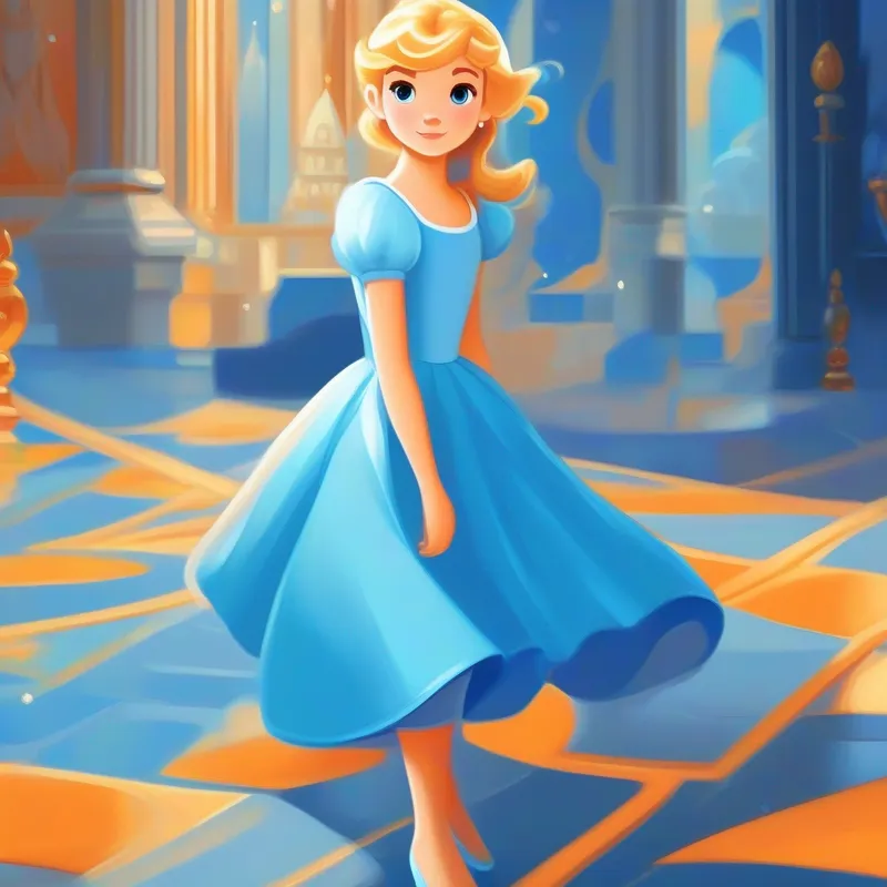 Cinderella, kind-hearted and brave, blue dress and glass slippers. looking determined, orange and confident.