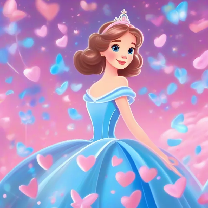 Cinderella, kind-hearted and brave, blue dress and glass slippers. living her happily ever after, pink and content.