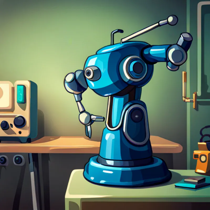 A robotic arm named A blue robotic arm with a camera attached standing in a bright room