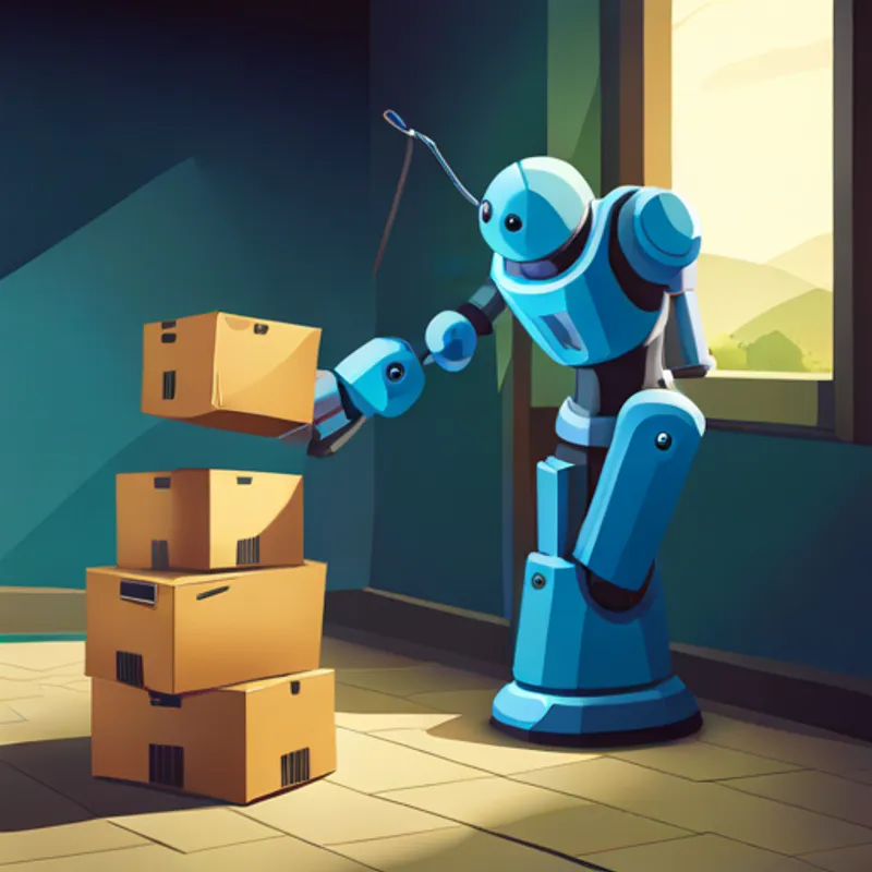 A blue robotic arm with a camera attached picking up a box and moving it