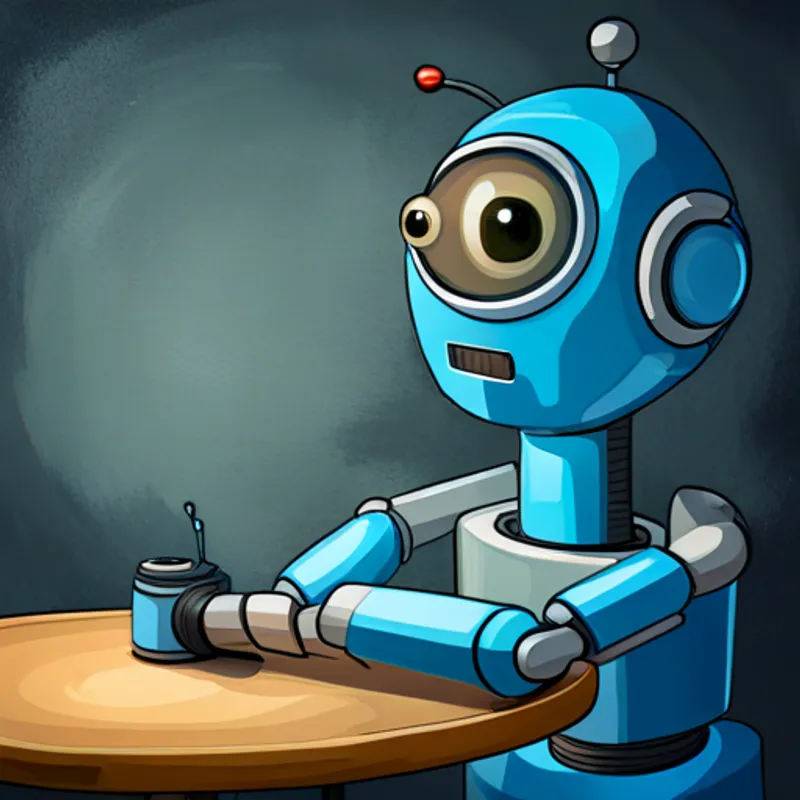A blue robotic arm with a camera attached with confused expression, eyes closed