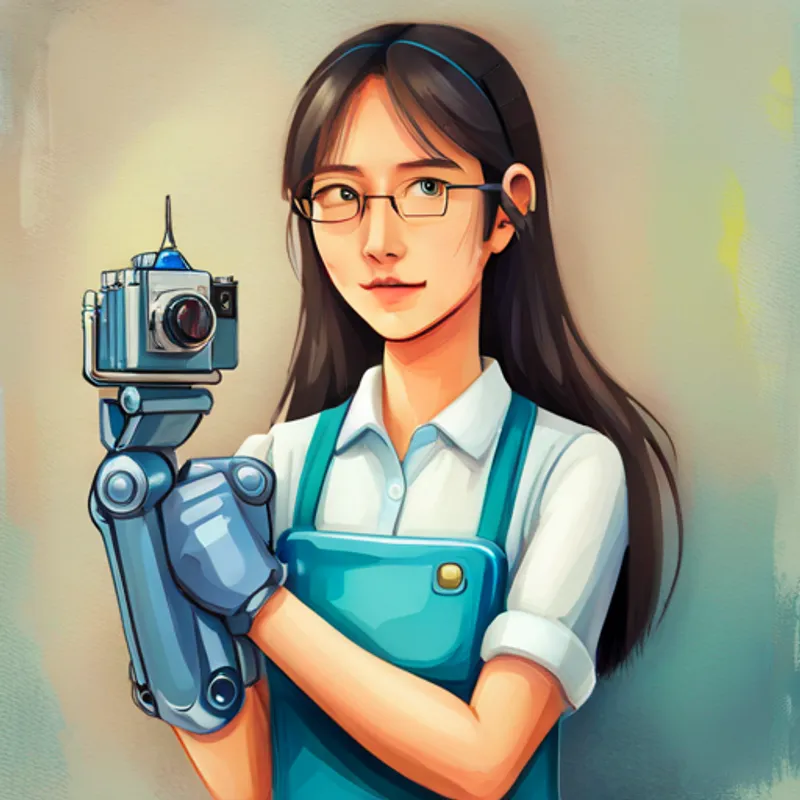A blue robotic arm with a camera attached with a camera attached to her arm