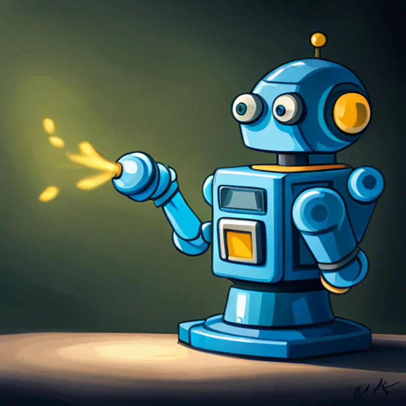 A blue robotic arm with a camera attached with a surprised expression, looking at the camera