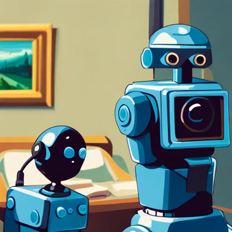 A blue robotic arm with a camera attached smiling, looking at Dr Smith and the room