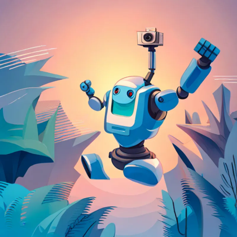 A blue robotic arm with a camera attached jumping with joy, arms raised in the air