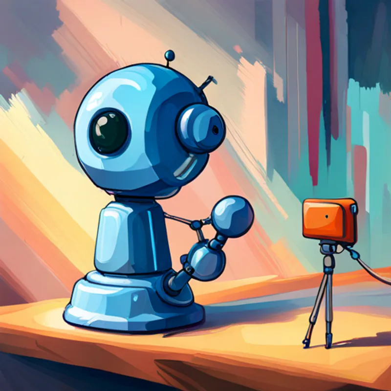 A blue robotic arm with a camera attached with a thoughtful expression, looking at a colorful object