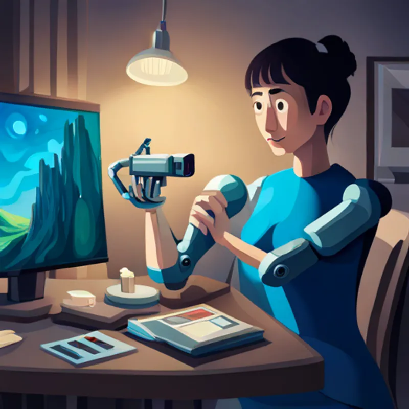 A blue robotic arm with a camera attached with a surprised expression, looking at a picture of a person