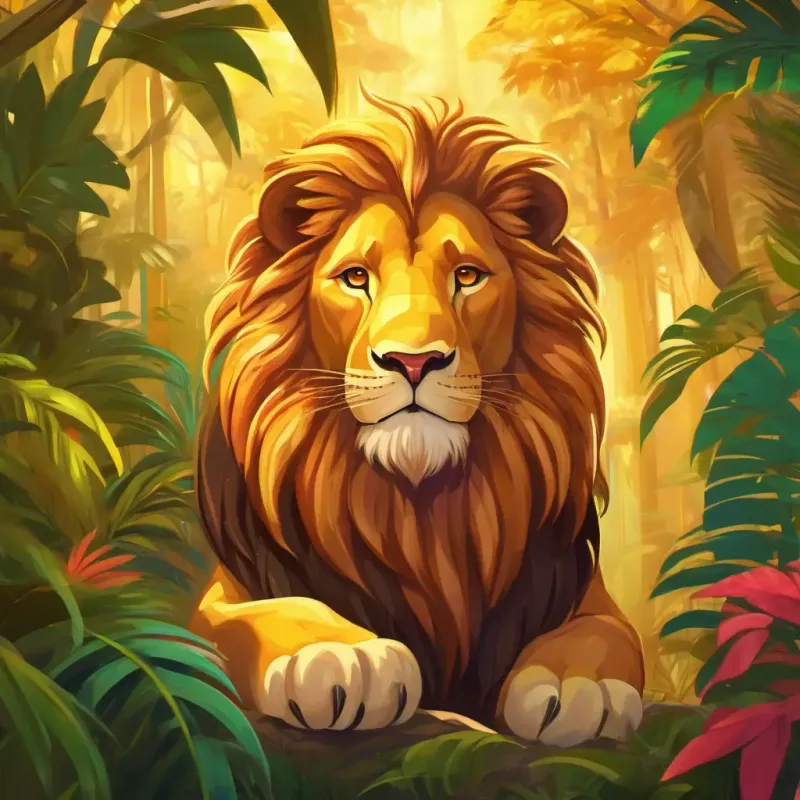 Introduction to Golden fur, majestic flowing mane, determined amber eyes the Lion and the setting of a vibrant jungle.