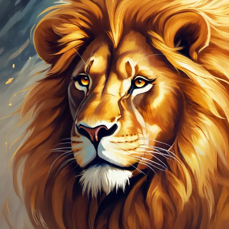 Golden fur, majestic flowing mane, determined amber eyes's struggle and feelings of sadness about not being able to roar like other lions.