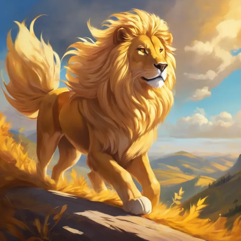 Golden fur, majestic flowing mane, determined amber eyes's persistence and the gradual progress in learning to roar.