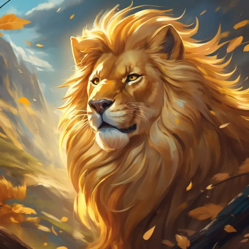 Golden fur, majestic flowing mane, determined amber eyes's triumphant moment as he successfully roars, supported by his friends.
