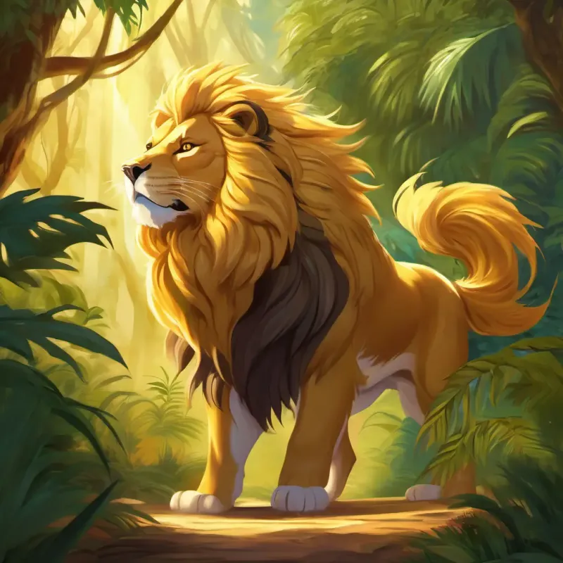 Golden fur, majestic flowing mane, determined amber eyes's newfound confidence and fame as his unique roar captivates the entire jungle.