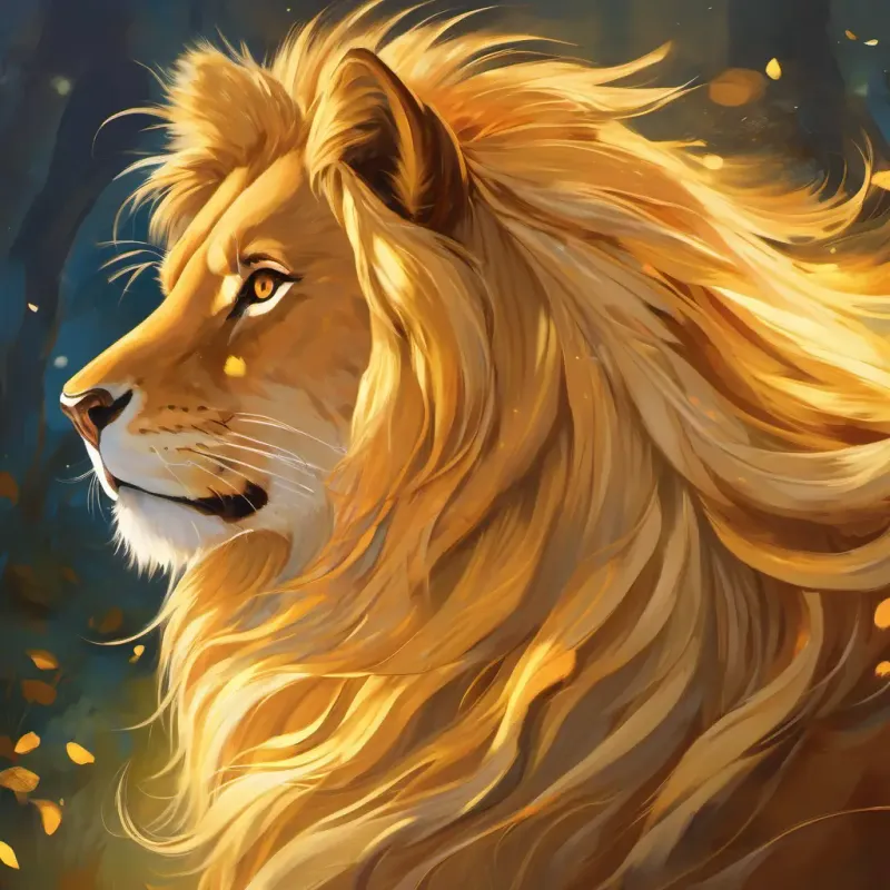 Golden fur, majestic flowing mane, determined amber eyes's emotional transformation, understanding the value of uniqueness, and the impact of his roar on others.