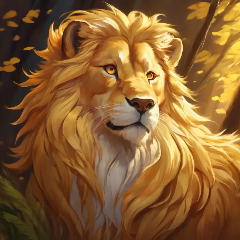 Golden fur, majestic flowing mane, determined amber eyes's role as a mentor, sharing his story to inspire others.
