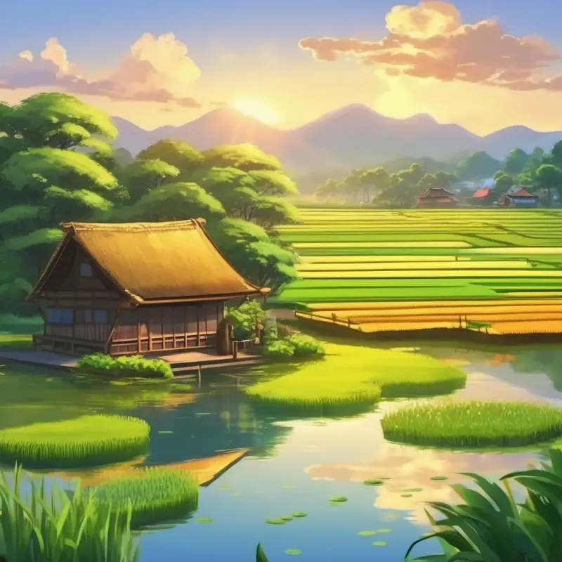 Village setting, introduces the fish pond and rice field.
