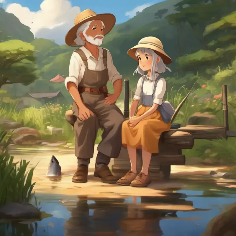 Introduces main characters Kind, young girl, tan skin, brown eyes, wearing a simple dress and Mali's grandfather, white hair, tan skin, brown eyes, farmer's hat, feeding fish.