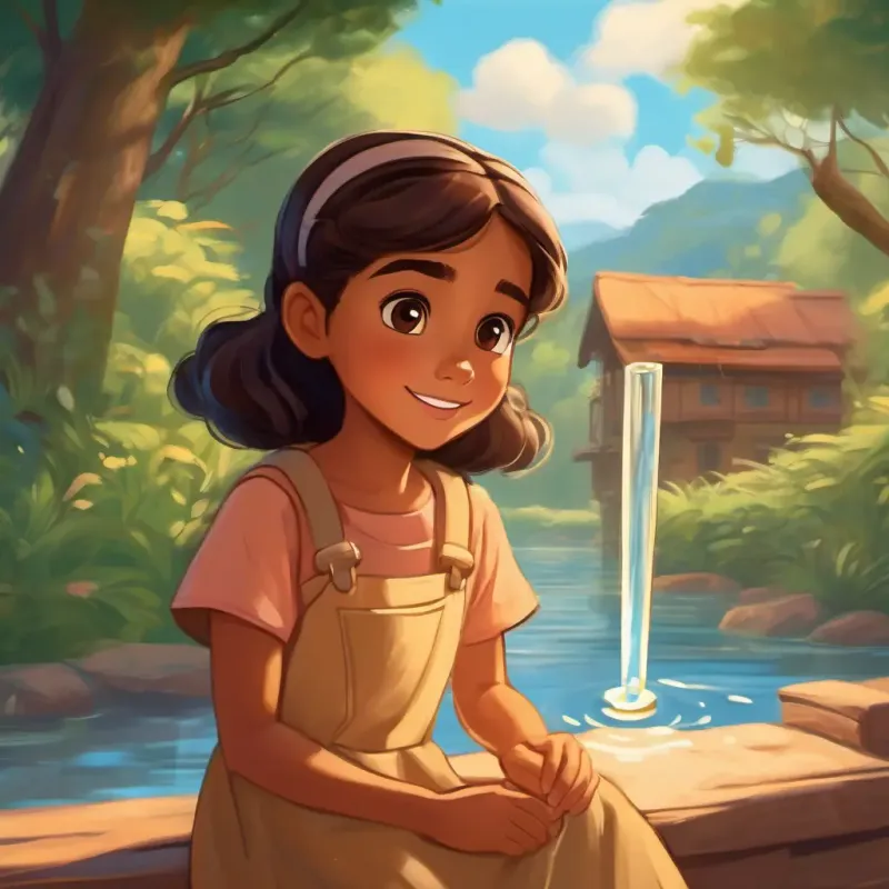 Kind, young girl, tan skin, brown eyes, wearing a simple dress learns the importance of water care.
