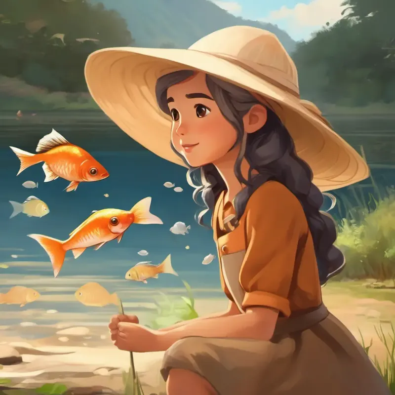 Kind, young girl, tan skin, brown eyes, wearing a simple dress and Mali's grandfather, white hair, tan skin, brown eyes, farmer's hat interacting with the fish.