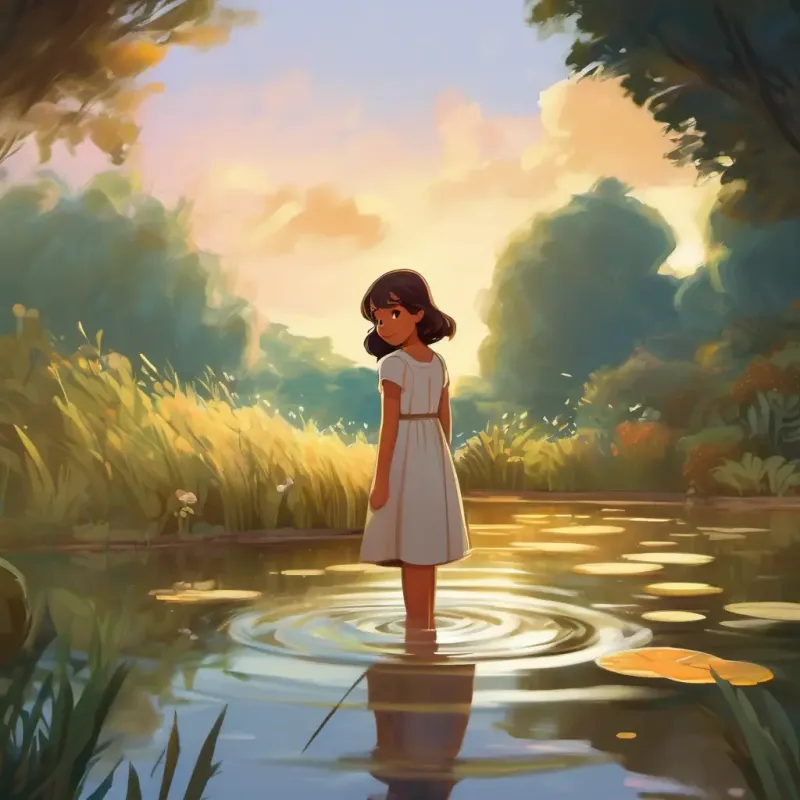 Kind, young girl, tan skin, brown eyes, wearing a simple dress discovers water level change in pond.