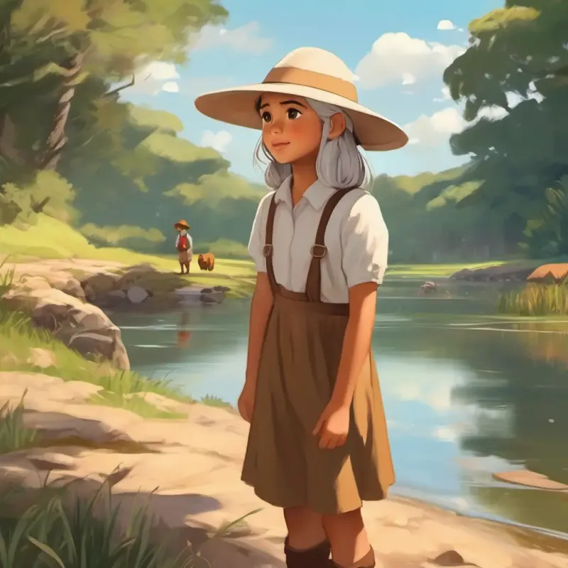 Kind, young girl, tan skin, brown eyes, wearing a simple dress and Mali's grandfather, white hair, tan skin, brown eyes, farmer's hat investigate the water issue.