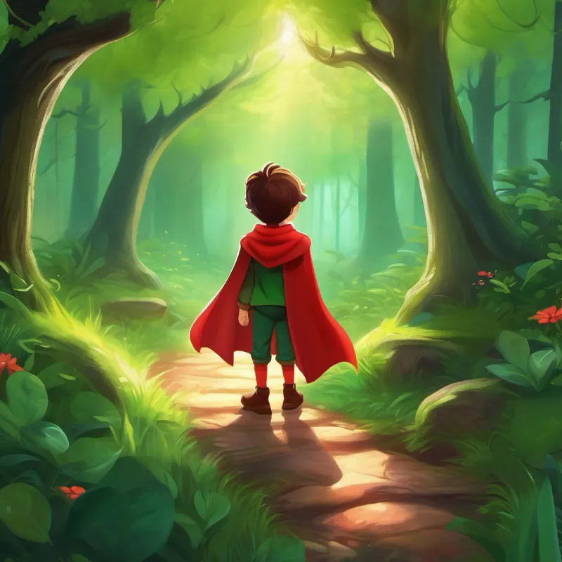 Introduction of Little adventurer, green eyes, wears a red cape in the enchanted forest, setting the scene.