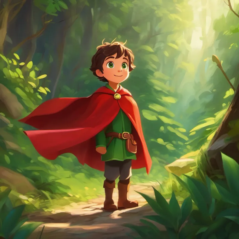 Little adventurer, green eyes, wears a red cape prepares for an adventure, feeling excited.