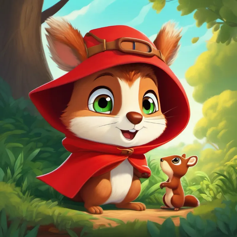 Little adventurer, green eyes, wears a red cape meets a talking squirrel with a problem.