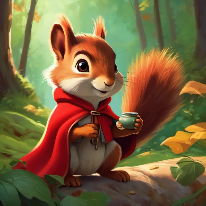 Little adventurer, green eyes, wears a red cape helps the squirrel, demonstrating kindness and teamwork.
