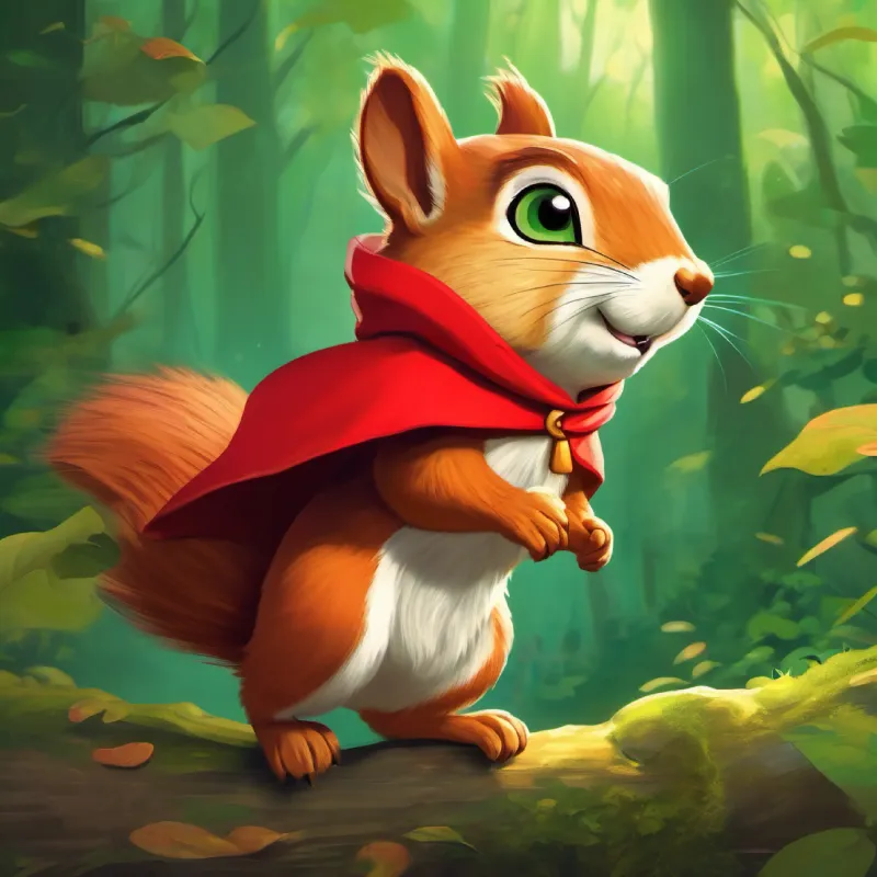 The squirrel rewards Little adventurer, green eyes, wears a red cape, new challenge arises with a roar.