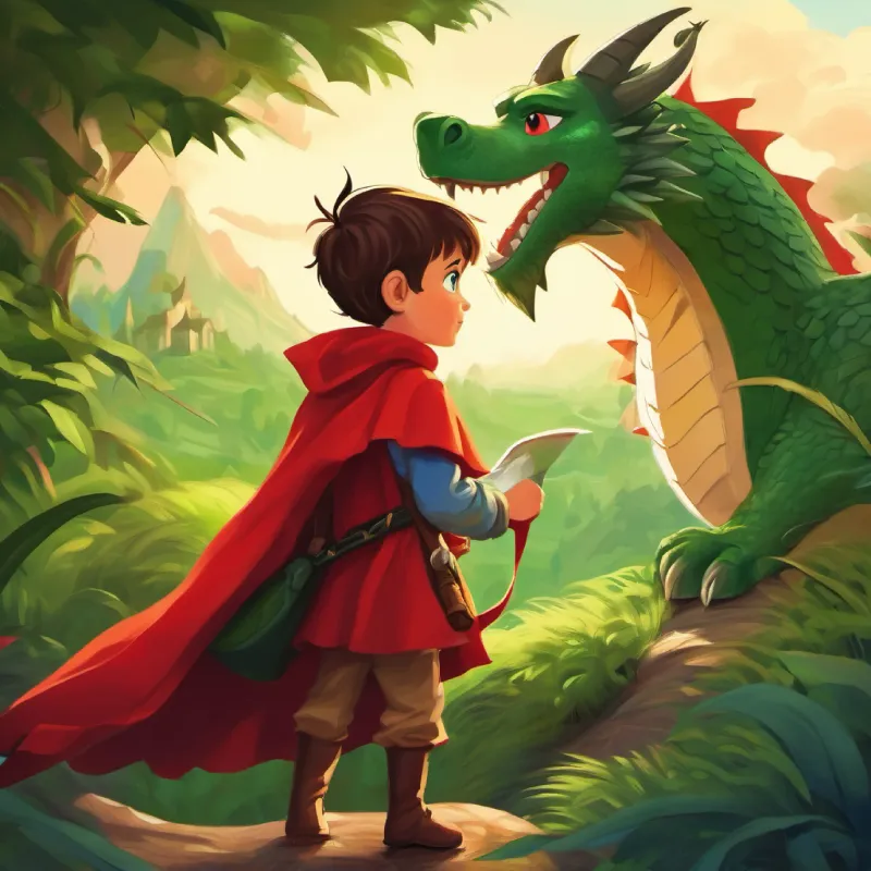 Little adventurer, green eyes, wears a red cape helps a lost dragon, using the new whistle.