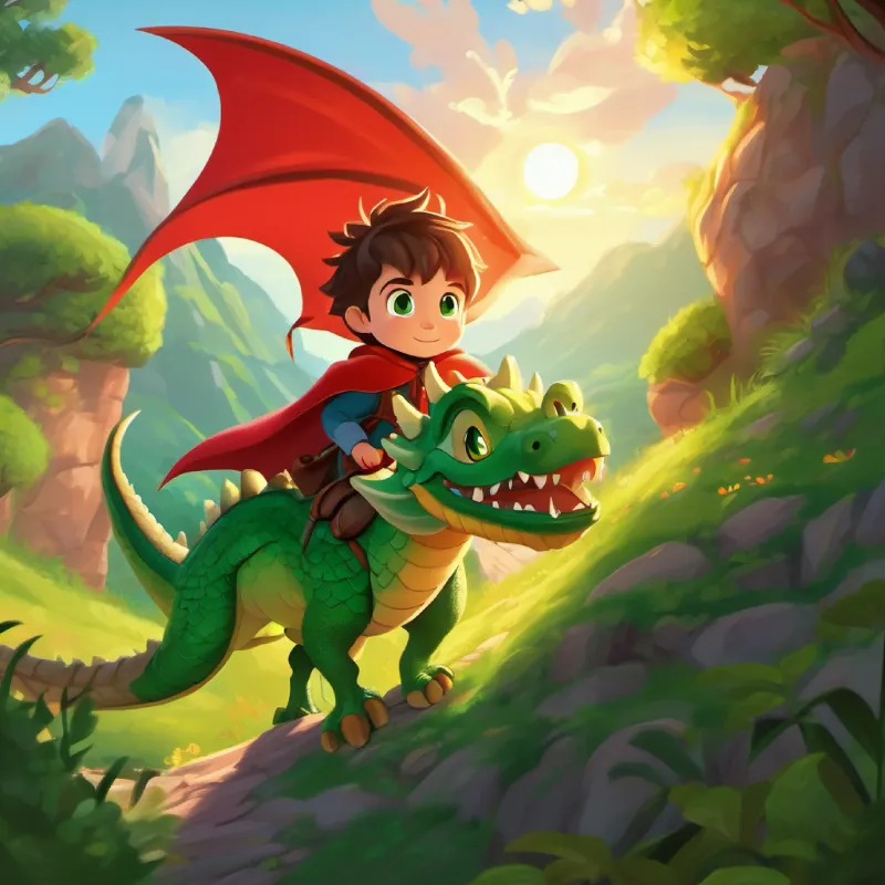 Little adventurer, green eyes, wears a red cape’s adventure ends with a magical dragon ride, setting sun.