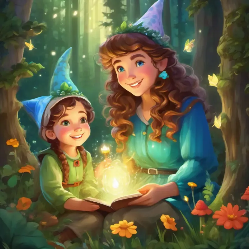 Cheerful girl with curly brown hair and bright blue eyes and Warm-hearted grandmother with silver hair and twinkling green eyes read about fairies and gnomes in the magical forest.