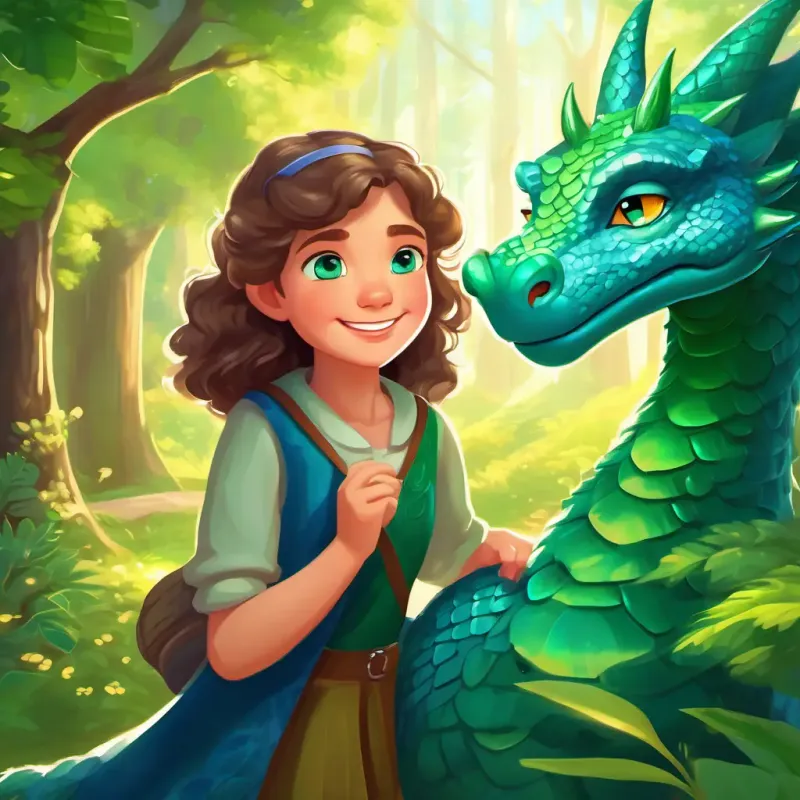 Cheerful girl with curly brown hair and bright blue eyes and Warm-hearted grandmother with silver hair and twinkling green eyes met a friendly dragon named Friendly dragon with shiny green scales and sparkling emerald eyes in the magical forest.