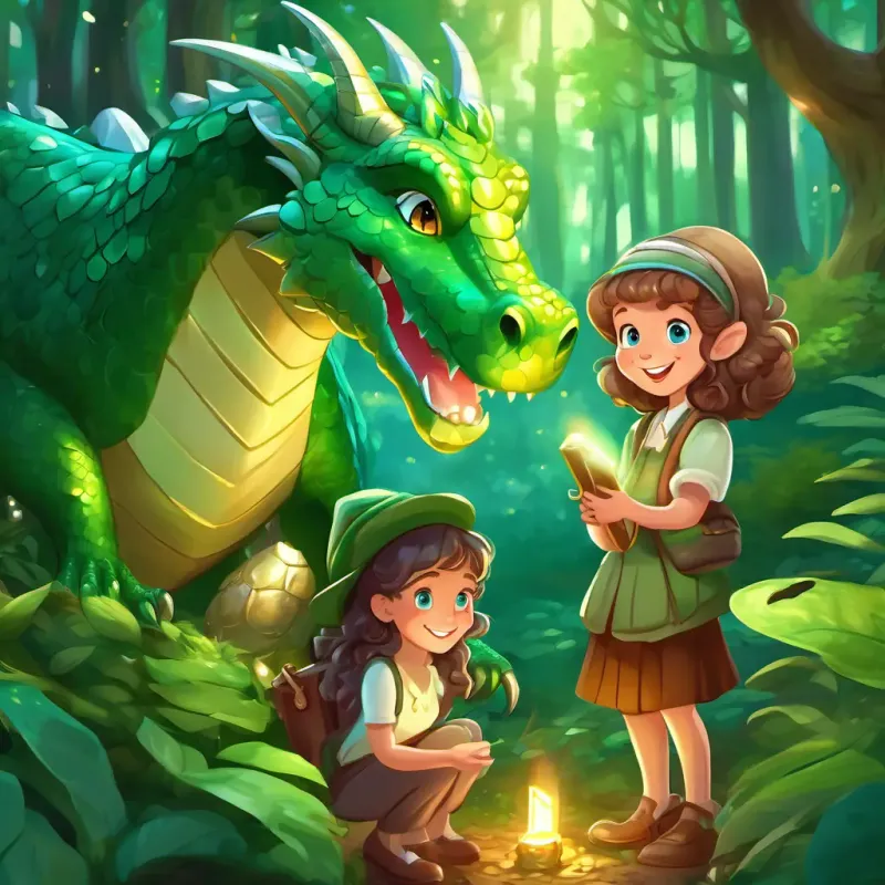 Friendly dragon with shiny green scales and sparkling emerald eyes led Cheerful girl with curly brown hair and bright blue eyes and Warm-hearted grandmother with silver hair and twinkling green eyes on a treasure hunt in the magical forest.