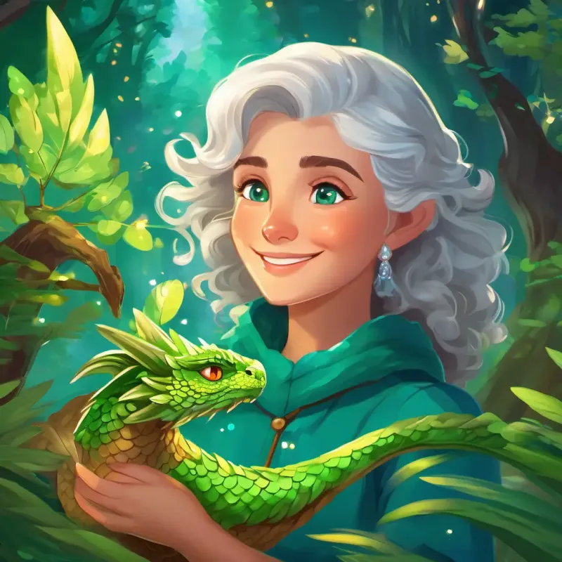 Cheerful girl with curly brown hair and bright blue eyes, Warm-hearted grandmother with silver hair and twinkling green eyes, and Friendly dragon with shiny green scales and sparkling emerald eyes found treasures like crystals and feathers in the magical forest.
