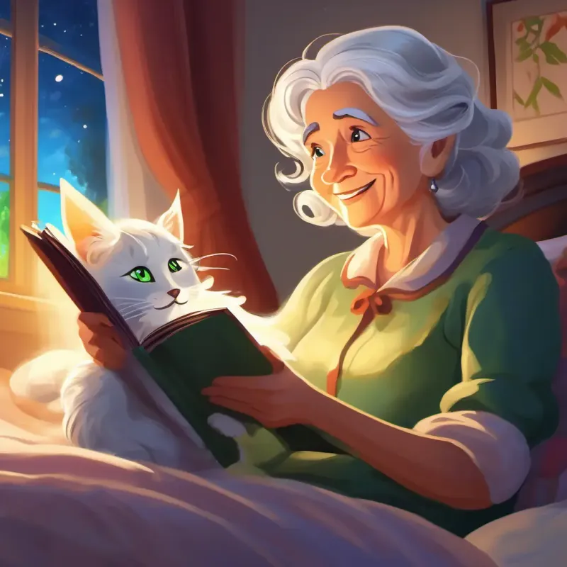 Warm-hearted grandmother with silver hair and twinkling green eyes read another magical story and tucked Cheerful girl with curly brown hair and bright blue eyes into bed at home.