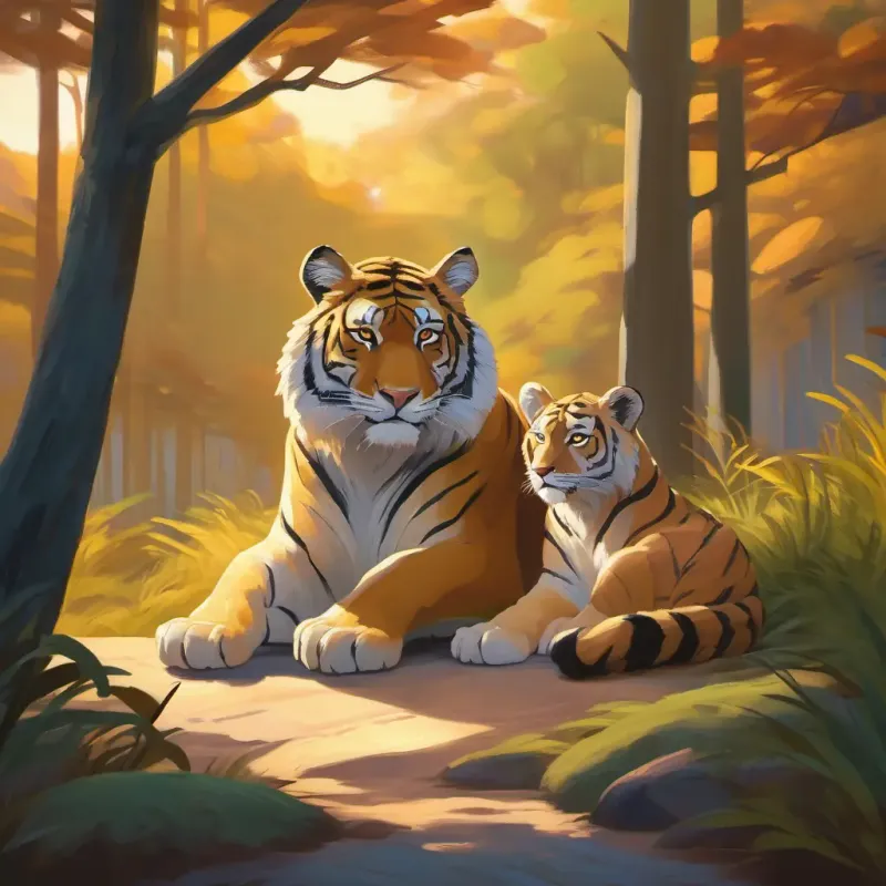 Forest meeting, tiger's intention, lioness comforting cub