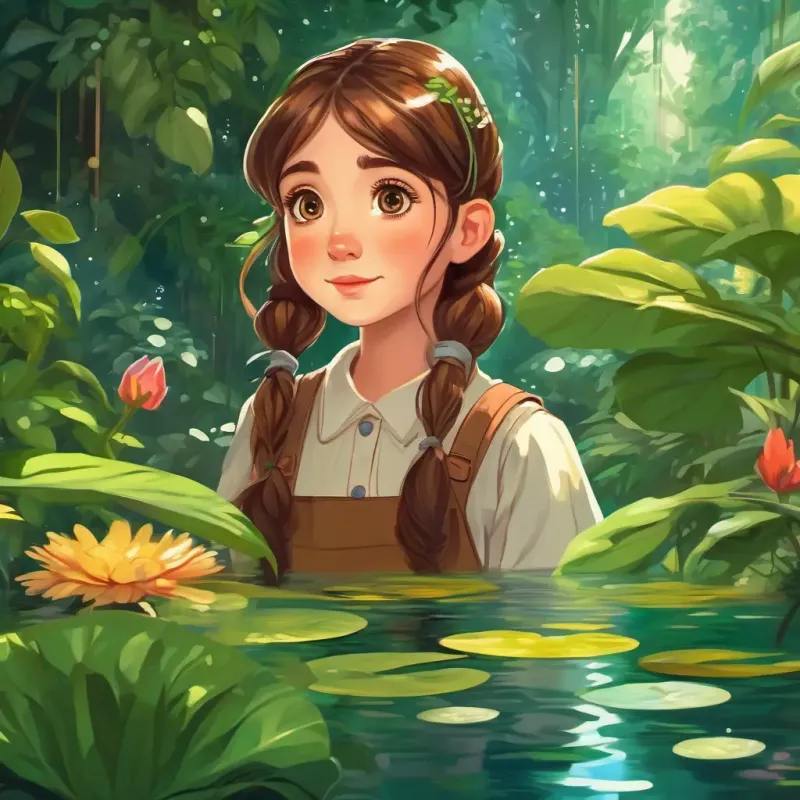 Curious girl with bright eyes and long, brown hair tied in pigtails in a magical garden, surrounded by talking plants and a sparkling pond