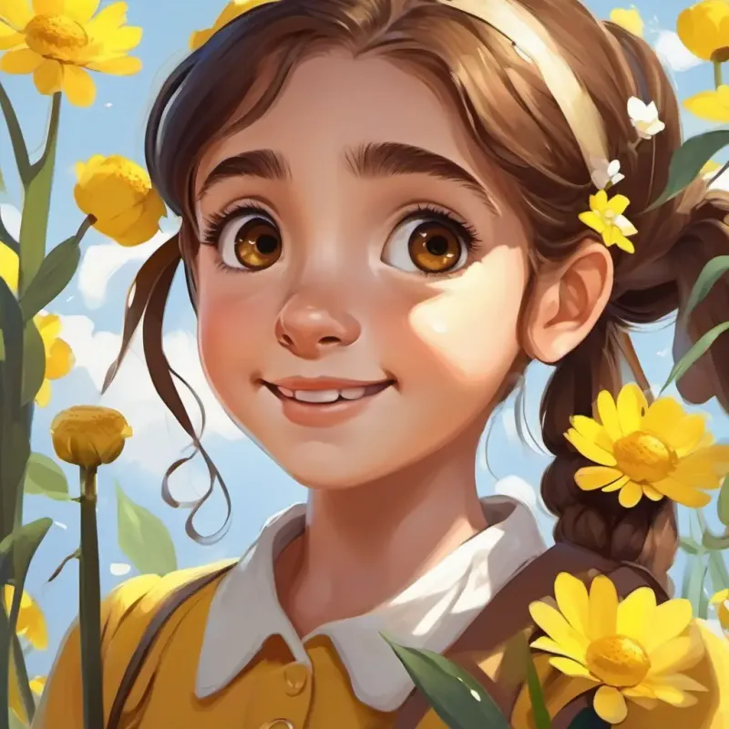 Curious girl with bright eyes and long, brown hair tied in pigtails talking to a Yellow center, white petals, with a smile on its face with a yellow center and white petals