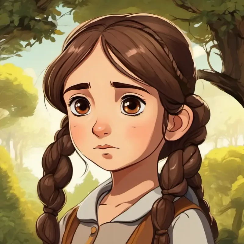 Curious girl with bright eyes and long, brown hair tied in pigtails listening attentively to the wise old Wrinkled bark, deep brown eyes, emanating wisdom with wrinkled bark and brown eyes